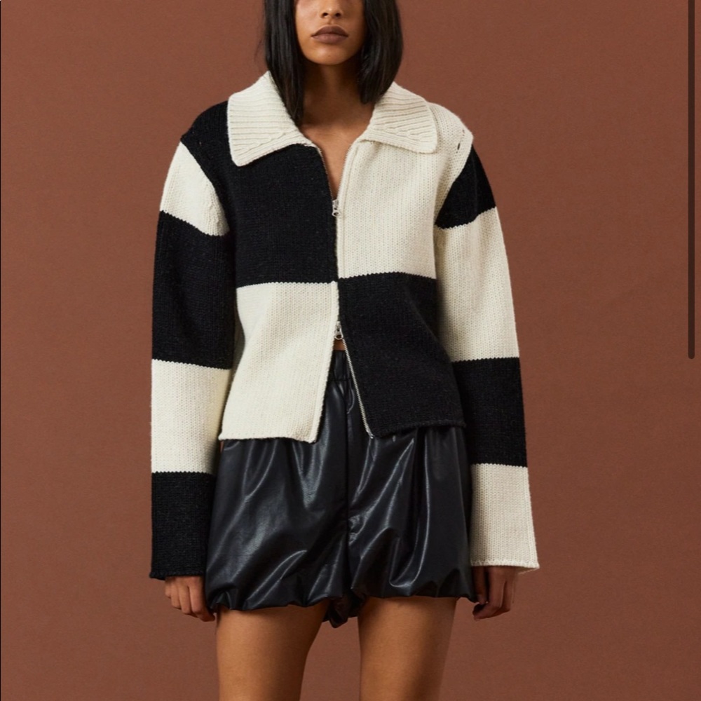 Source Unknown DOUBLE ZIP UP KNIT CARDIGAN, IVORY & BLACK